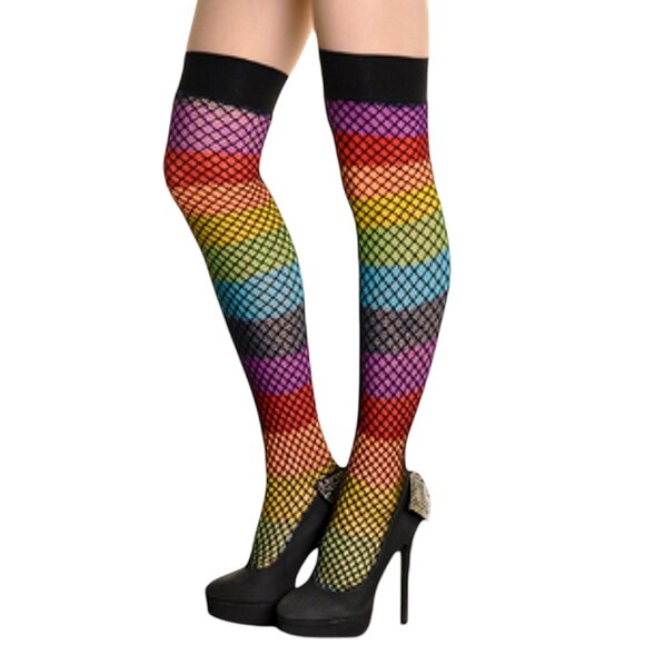 Angelina Accessories - Double Layer Rainbow Fishnet Thigh High Stockings – Festival Rave One Size